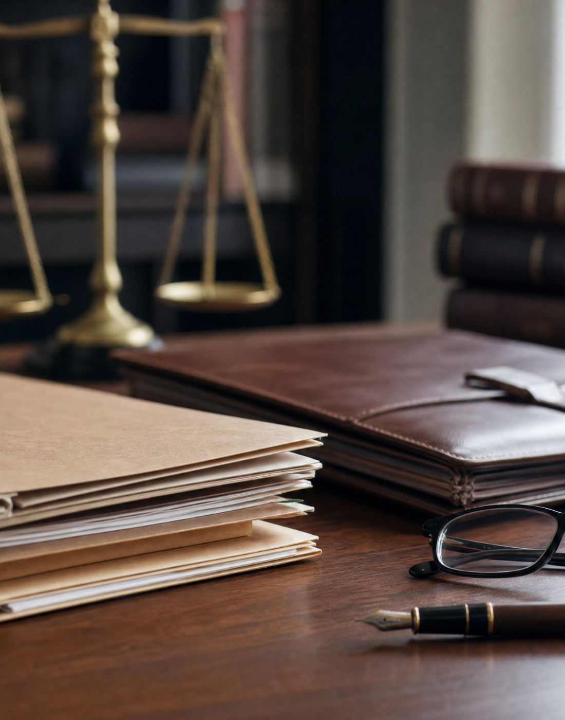 Desk with stacked manila folders a brown leather binder glasses and a fountain pen on a wooden surface scales of justice blurred in the background