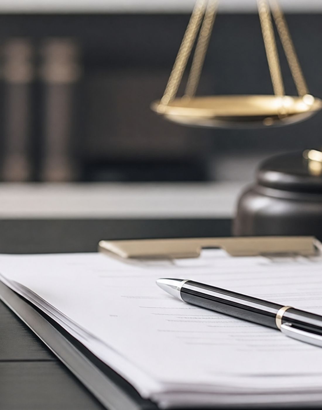 Law office desk scene with a blurred gold balance scale above a gavel on the right and a stack of documents with a black and silver pen in the foreground