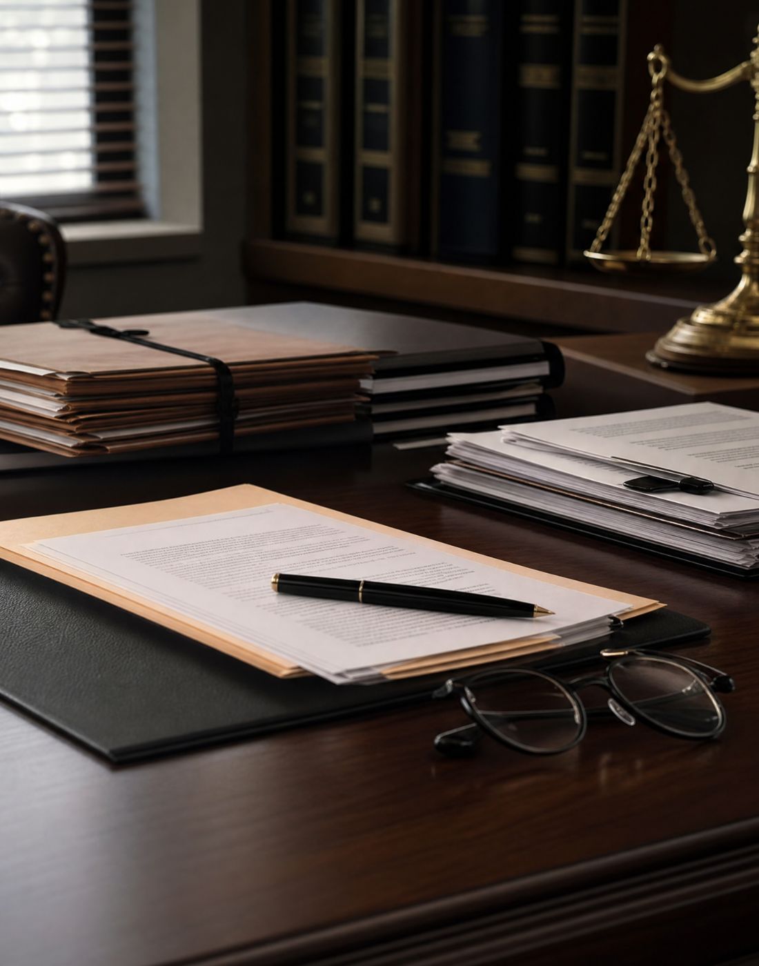 Law office desk with stacked folders organized papers a black pen and glasses on a dark wooden surface with scales of justice in the background