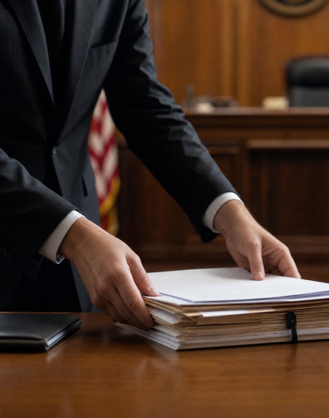 Lawyer in a dark suit sorting through a thick stack of legal papers on a wooden courtroom desk