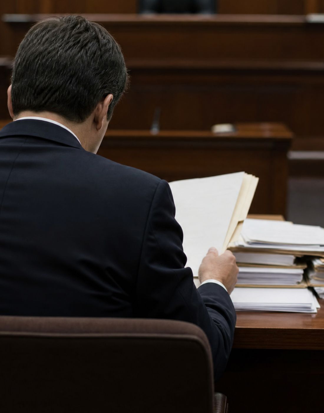 Man in a dark suit sits at a wooden desk in a courtroom studying a large open file with many papers stacked nearby