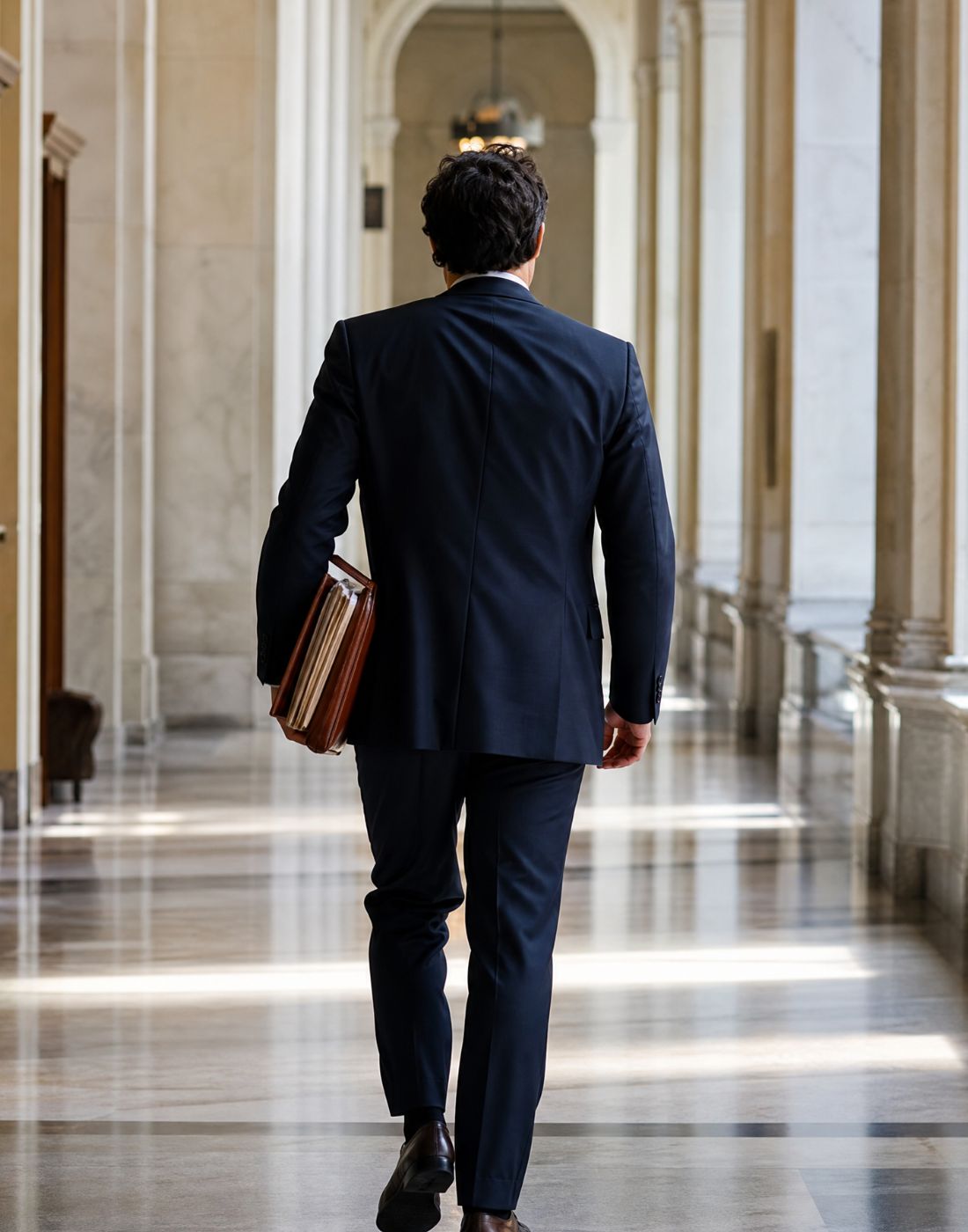 Back view of a man in a navy suit walking down a marble hallway carrying a brown leather briefcase under his arm