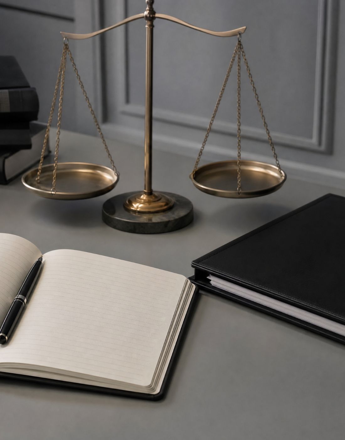 Bronze balance scales on a desk beside an open notebook and a black folder in a legal setting