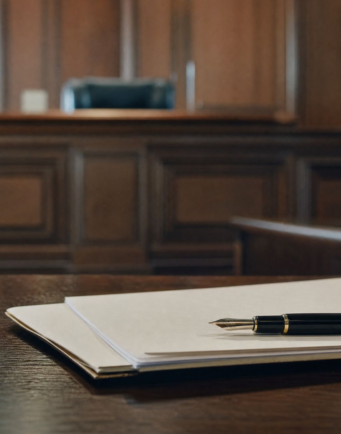 Fountain pen on blank papers resting on a dark wood desk with a wood paneled backdrop suggesting a legal or formal office setting