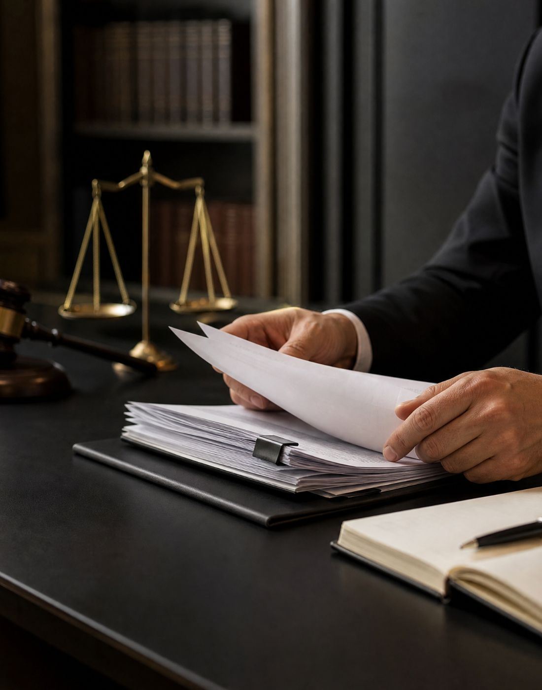 Lawyer in a suit reviews a stack of documents at a desk with a gavel and scales of justice in the background