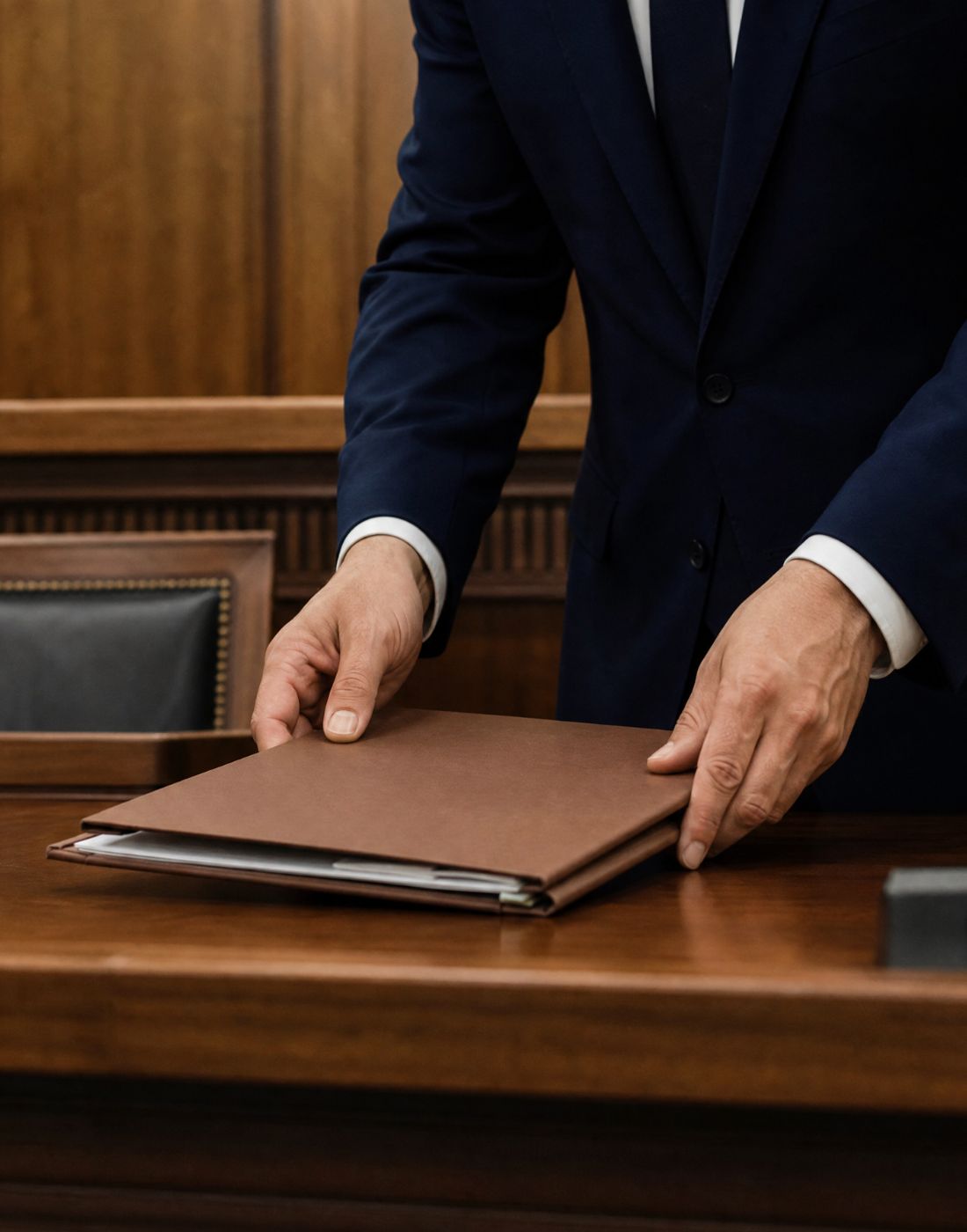 Hands placing a brown binder on a wooden desk in a formal office or courtroom setting person wearing a dark suit