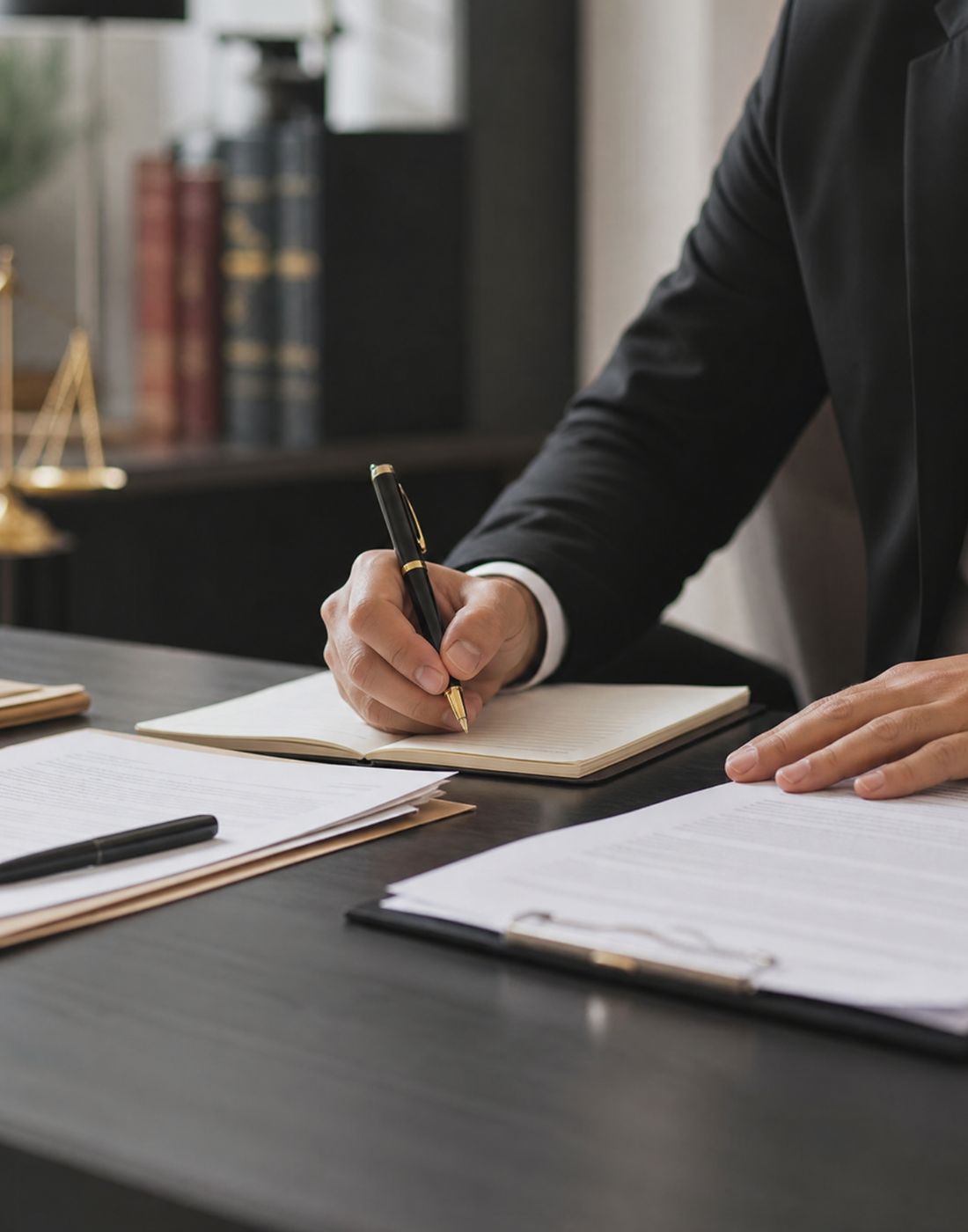 Person in a dark suit signs a notebook at a desk with legal documents and papers nearby