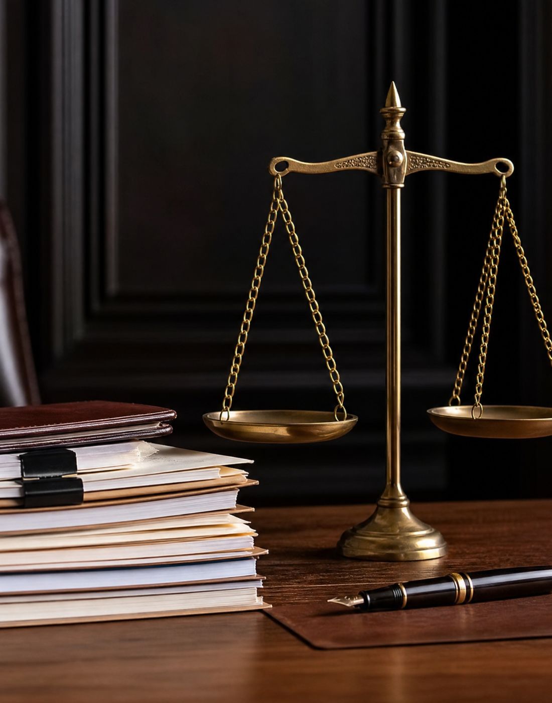 Gold scales of justice on a wooden desk beside a stack of legal files and a fountain pen