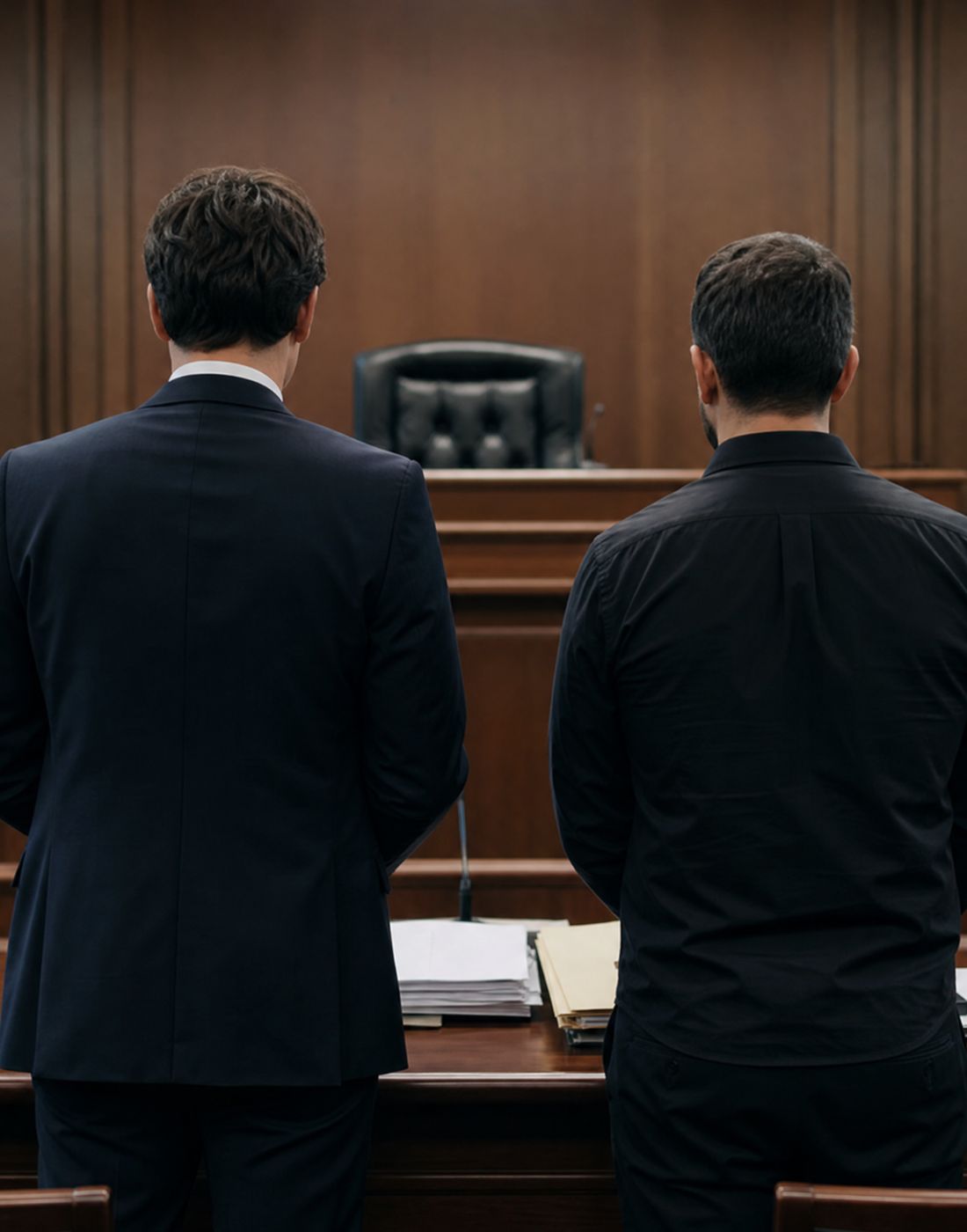 Two men in dark suits stand side by side at a wooden courtroom desk backs to the camera facing the judges bench with scattered papers