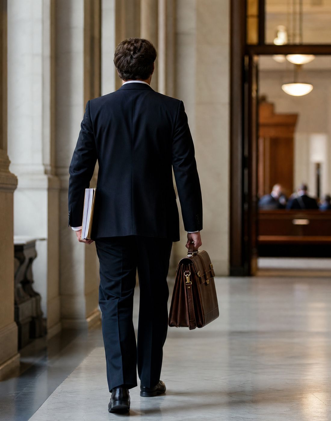 Back view of a man in a dark business suit walking down a marble hallway carrying a brown briefcase and a stack of papers